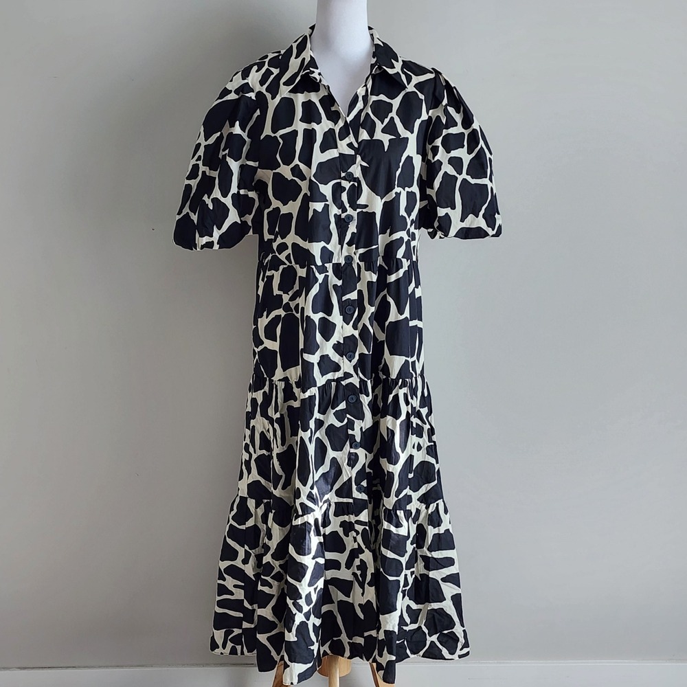 Zara Shirt Dress Womens Large Black Animal Print Giraffe Puff Sleeve Tiered Midi